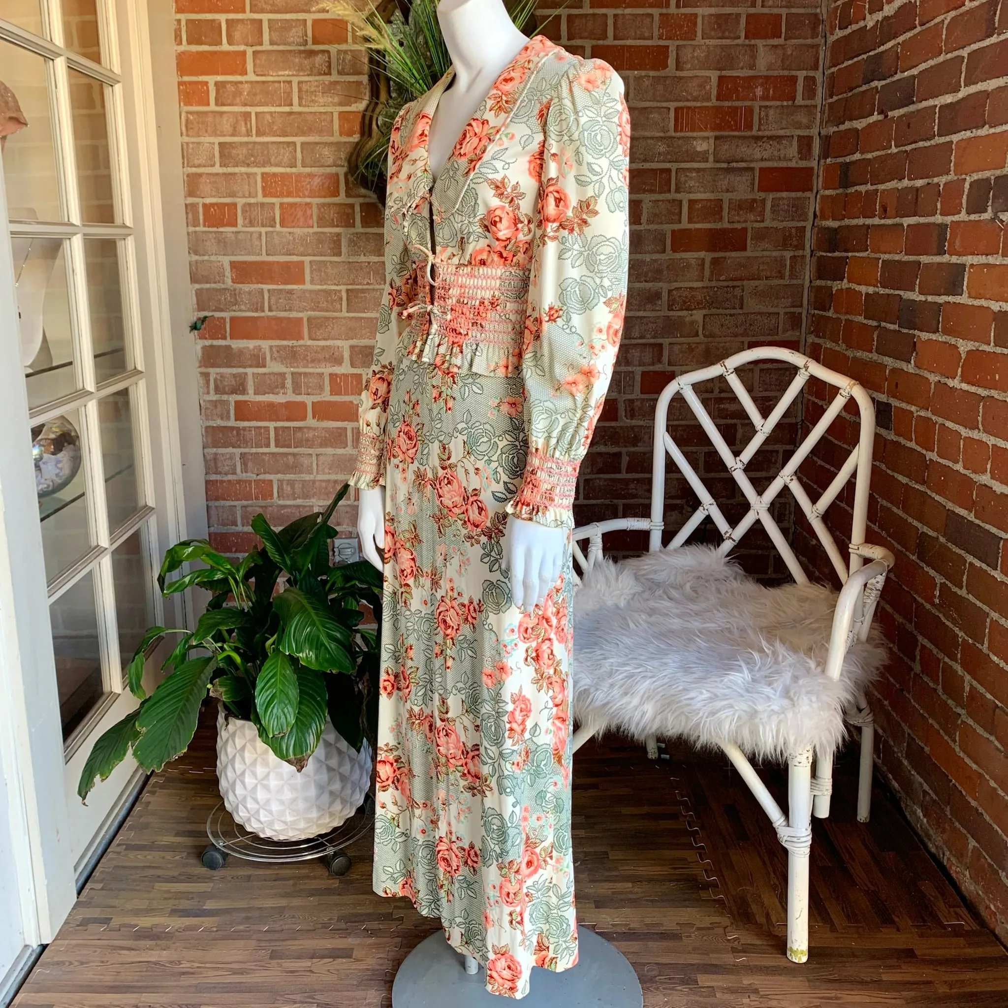 1970s Roses Nylon Maxi Dress & Jacket