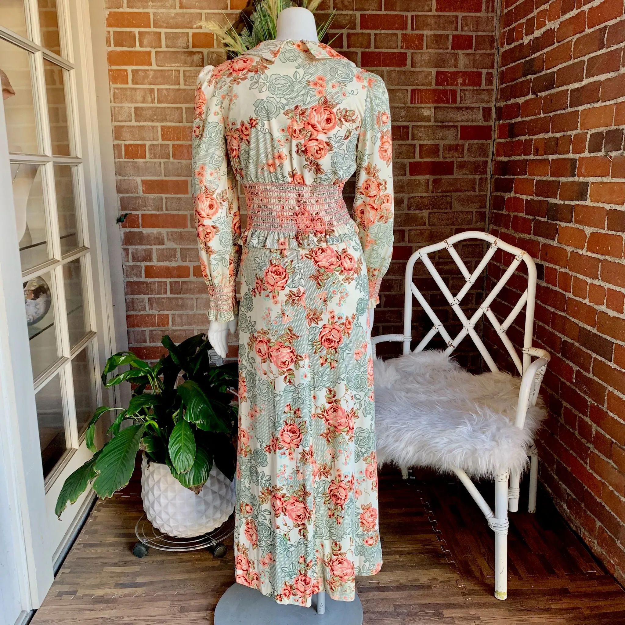 1970s Roses Nylon Maxi Dress & Jacket