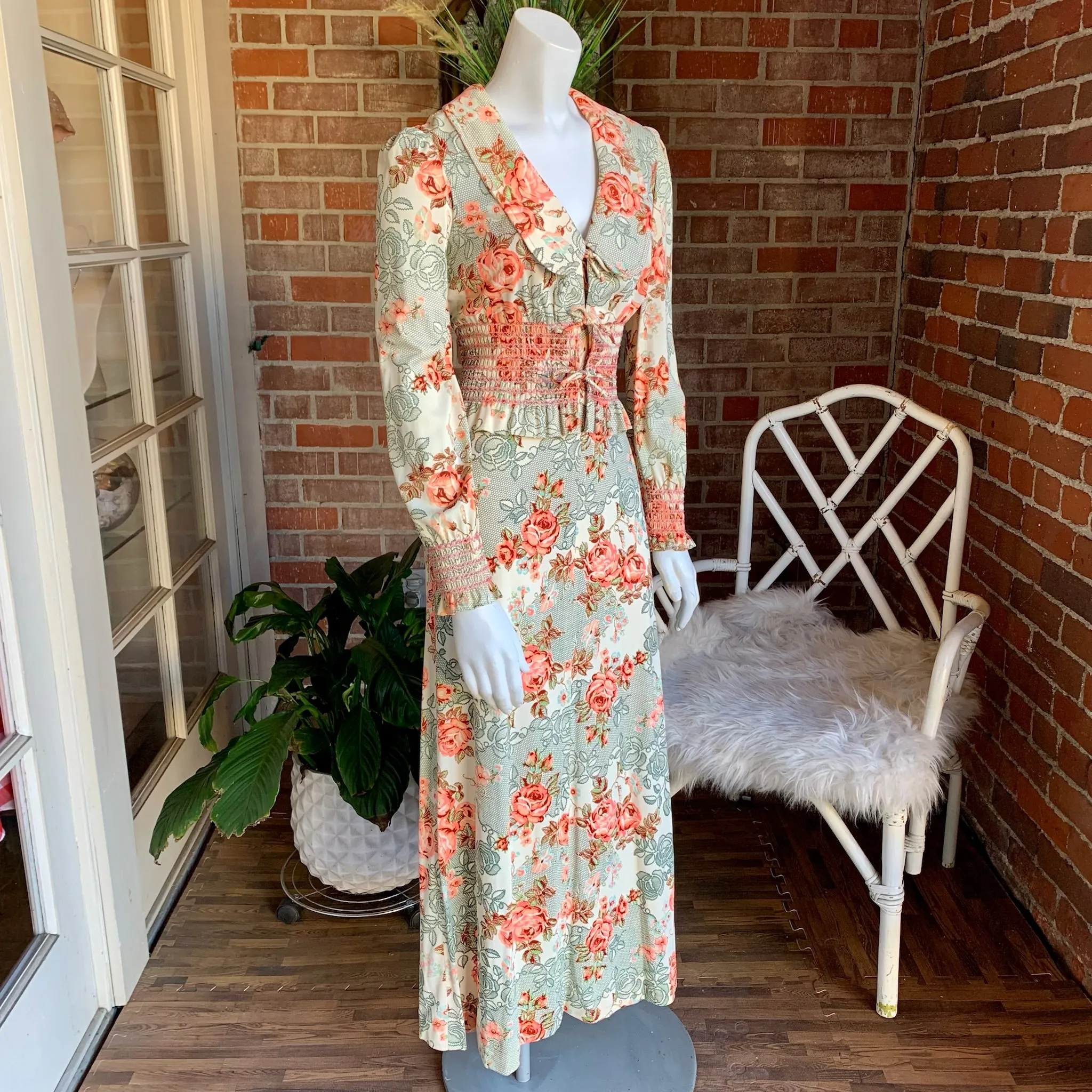 1970s Roses Nylon Maxi Dress & Jacket