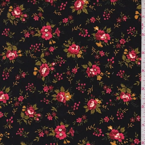 7/8 YD PC-Black/Coral Mini Floral Cluster Sanded Crepe Fabric