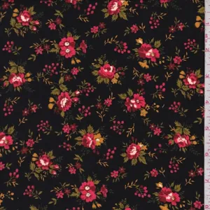 7/8 YD PC-Black/Coral Mini Floral Cluster Sanded Crepe Fabric