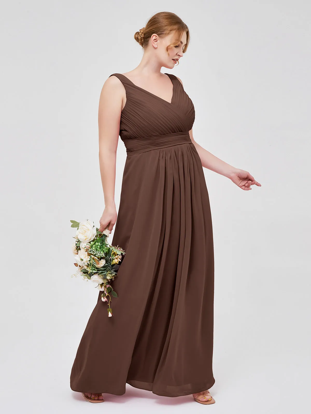 A-line Chiffon Floor Length V Neck Dresses Chocolate