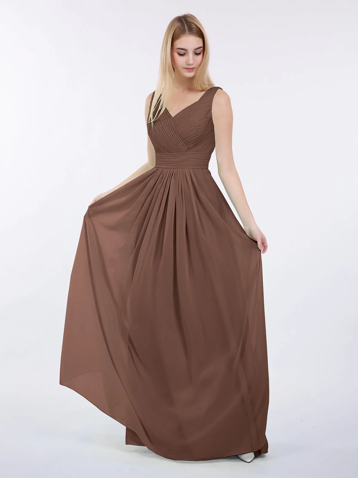 A-line Chiffon Floor Length V Neck Dresses Chocolate