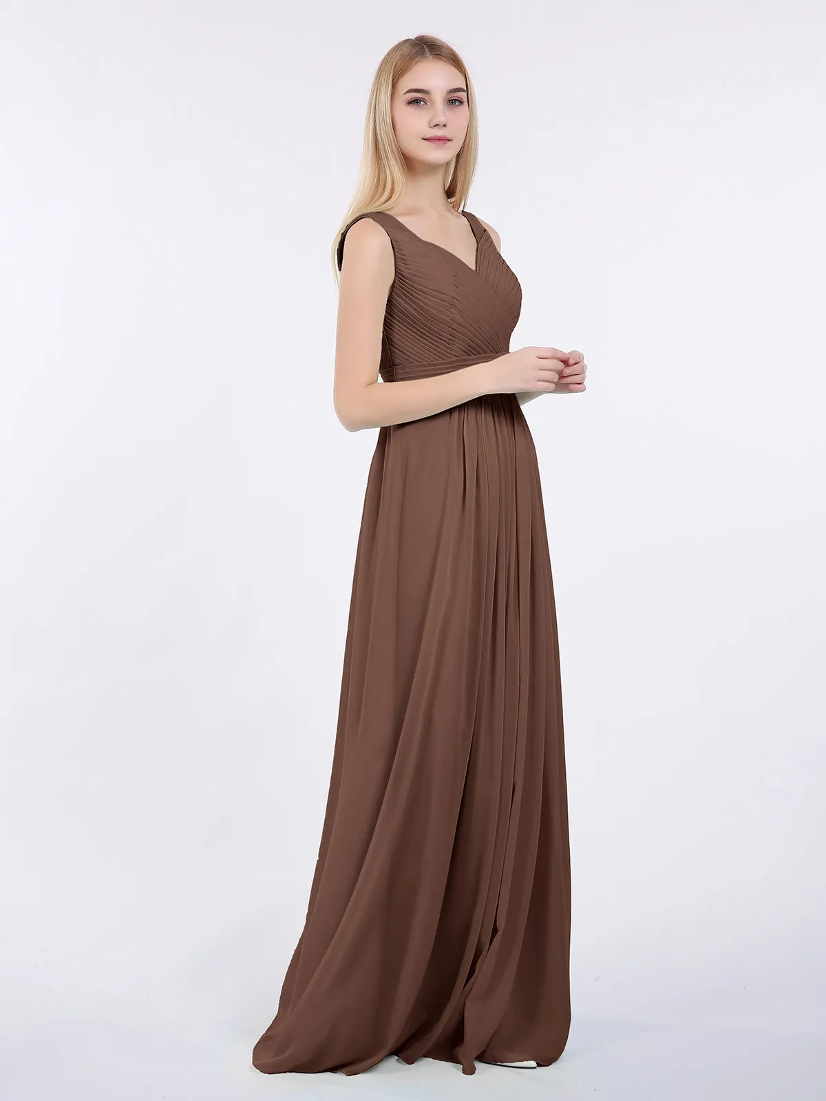 A-line Chiffon Floor Length V Neck Dresses Chocolate