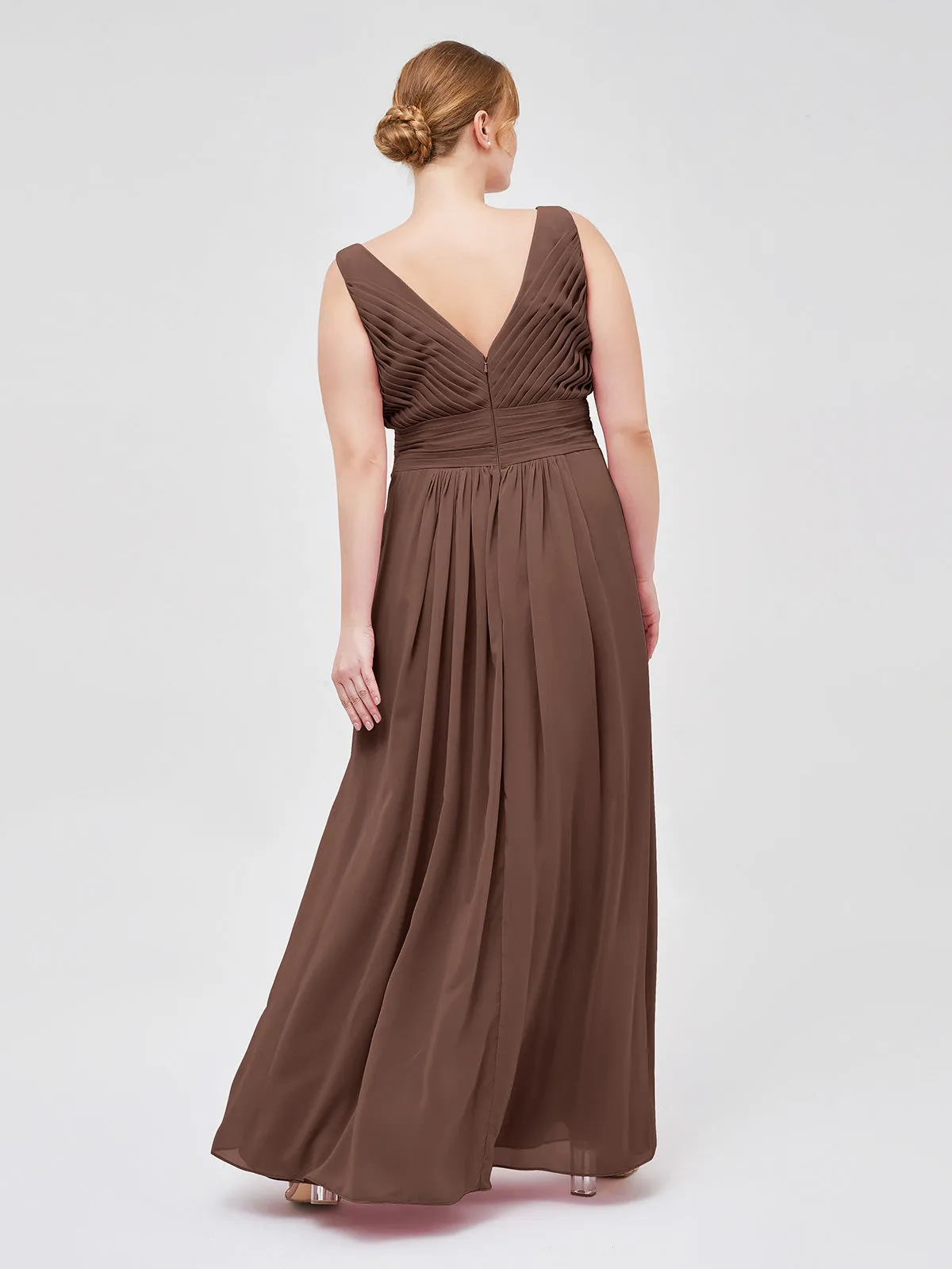 A-line Chiffon Floor Length V Neck Dresses Chocolate