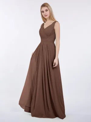 A-line Chiffon Floor Length V Neck Dresses Chocolate