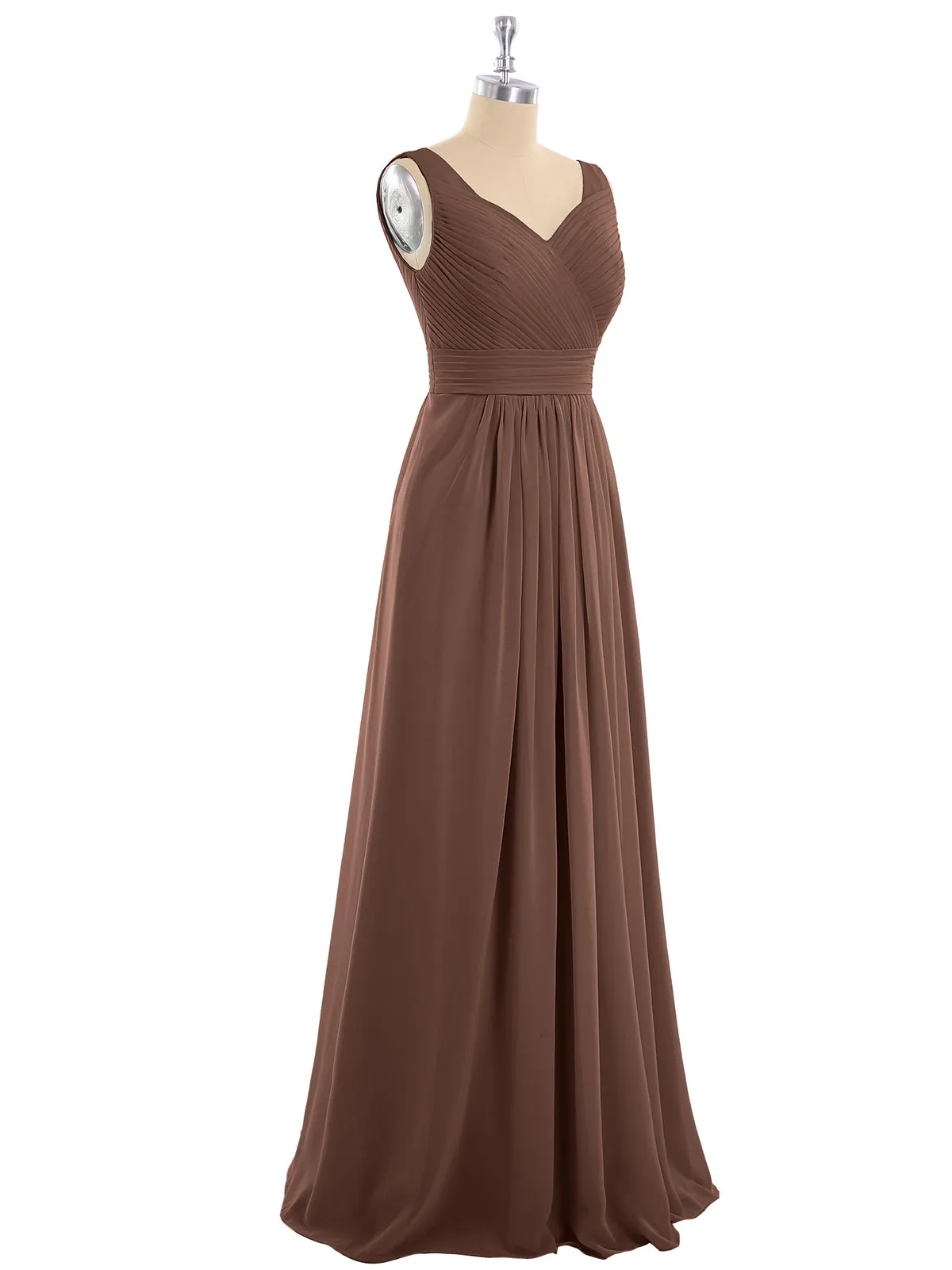 A-line Chiffon Floor Length V Neck Dresses Chocolate
