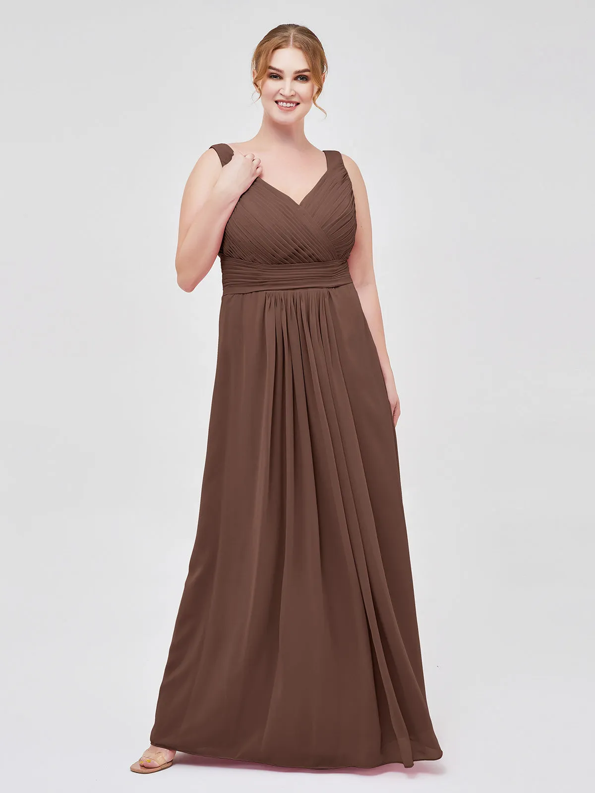 A-line Chiffon Floor Length V Neck Dresses Chocolate
