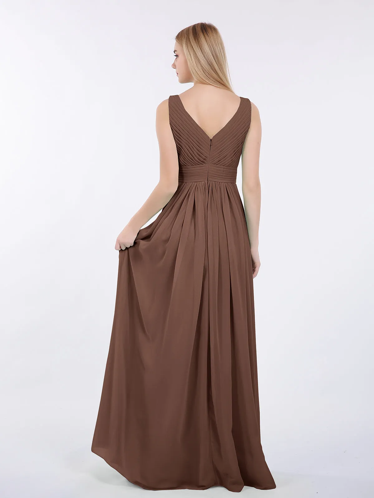 A-line Chiffon Floor Length V Neck Dresses Chocolate