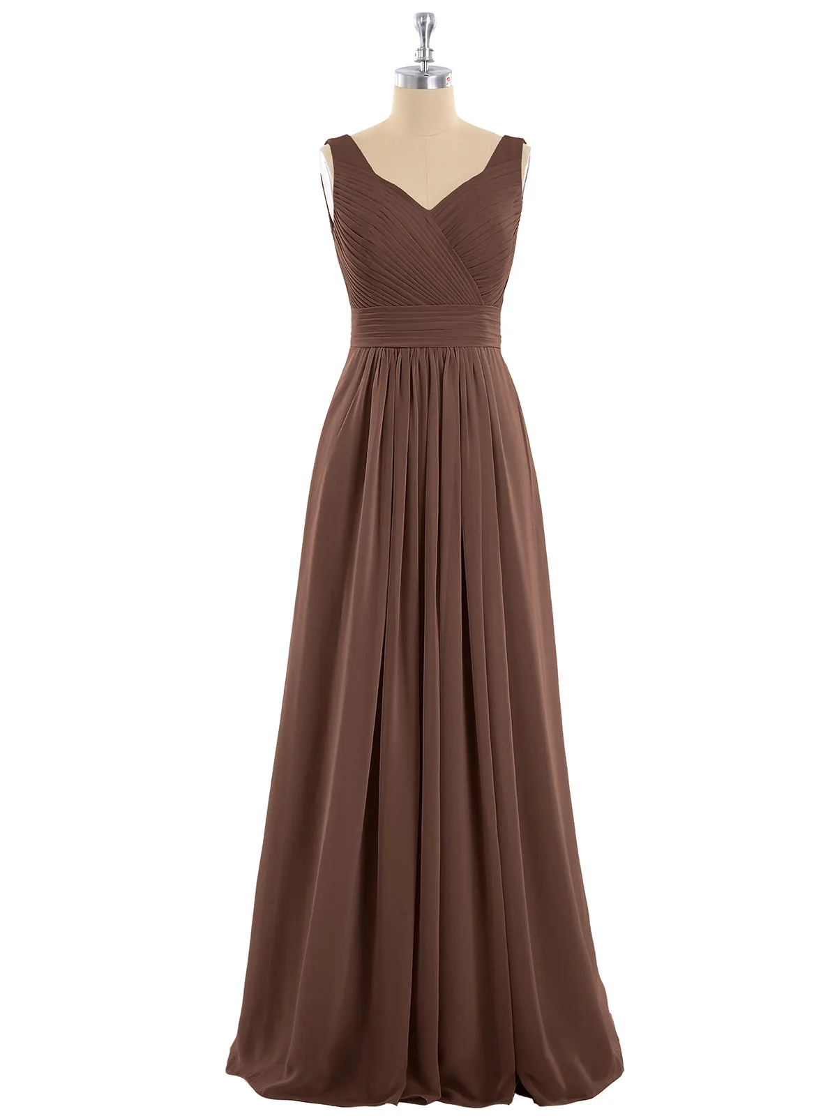 A-line Chiffon Floor Length V Neck Dresses Chocolate