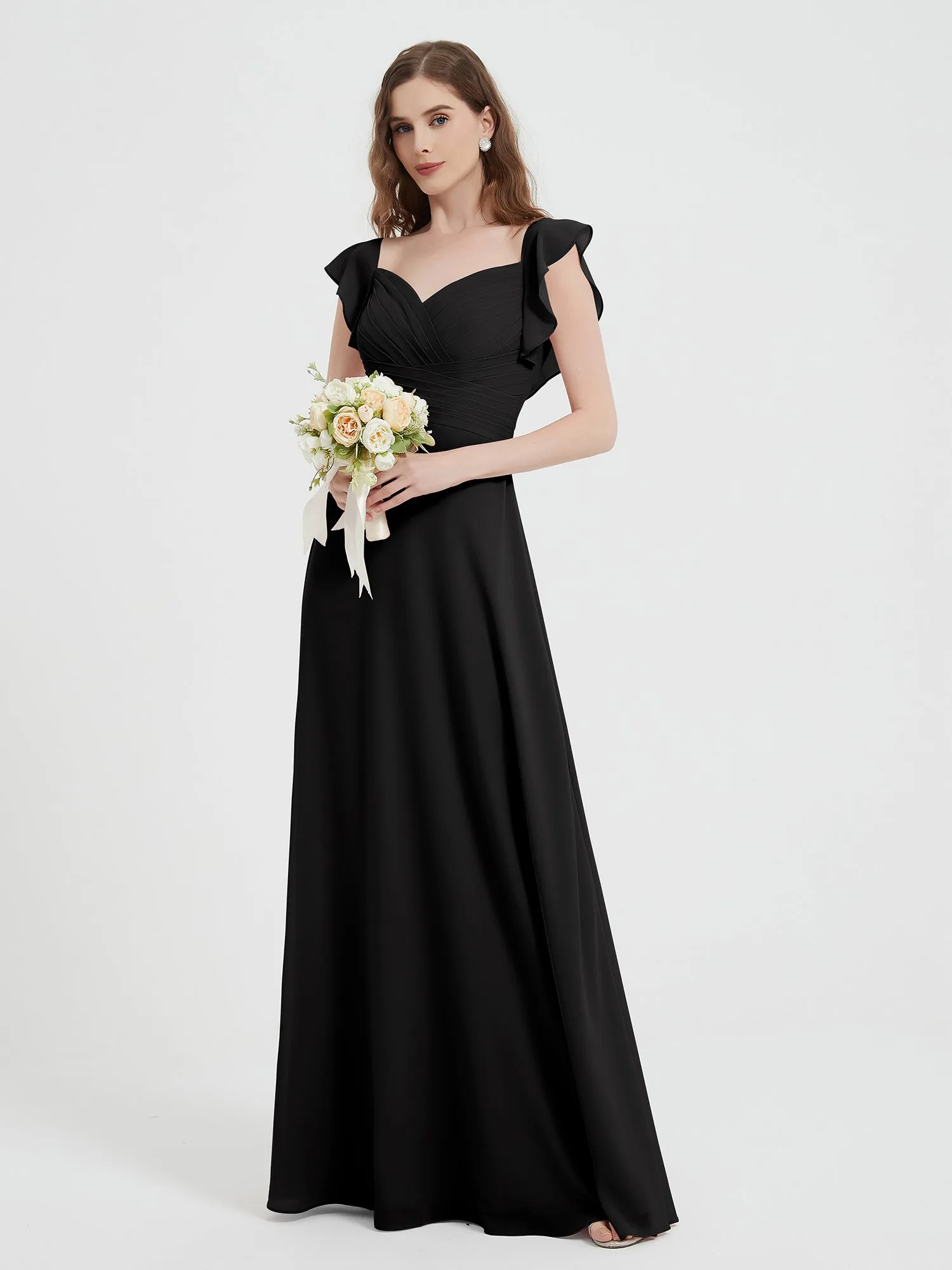 A-line Flutter Sleeves Chiffon Pleated Dress Black Plus Size