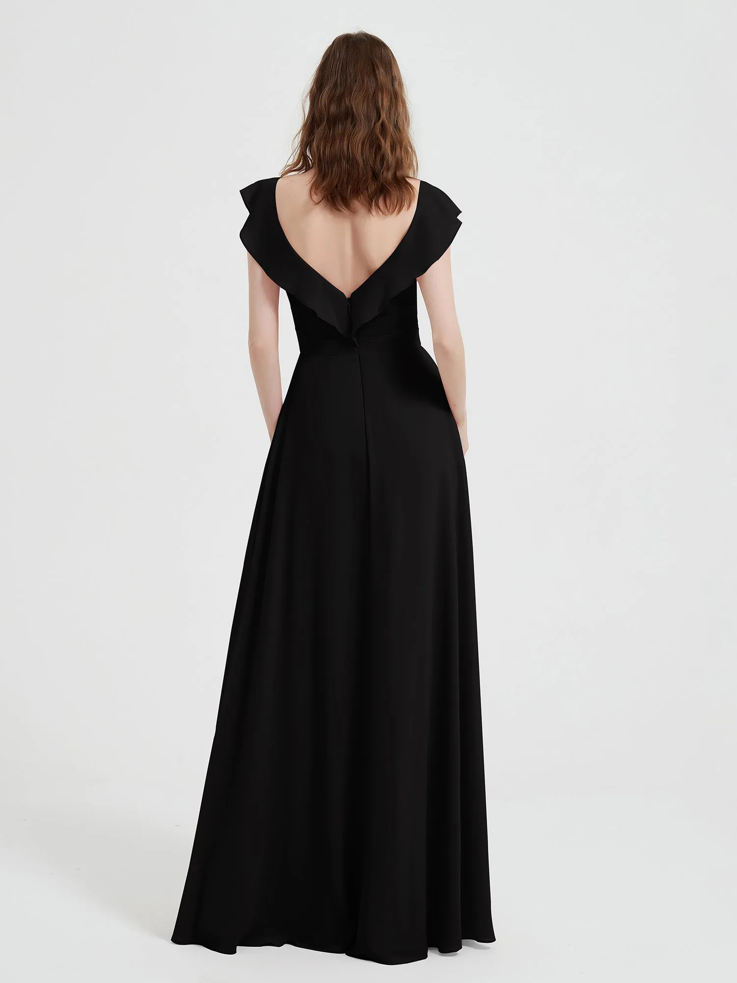 A-line Flutter Sleeves Chiffon Pleated Dress Black Plus Size