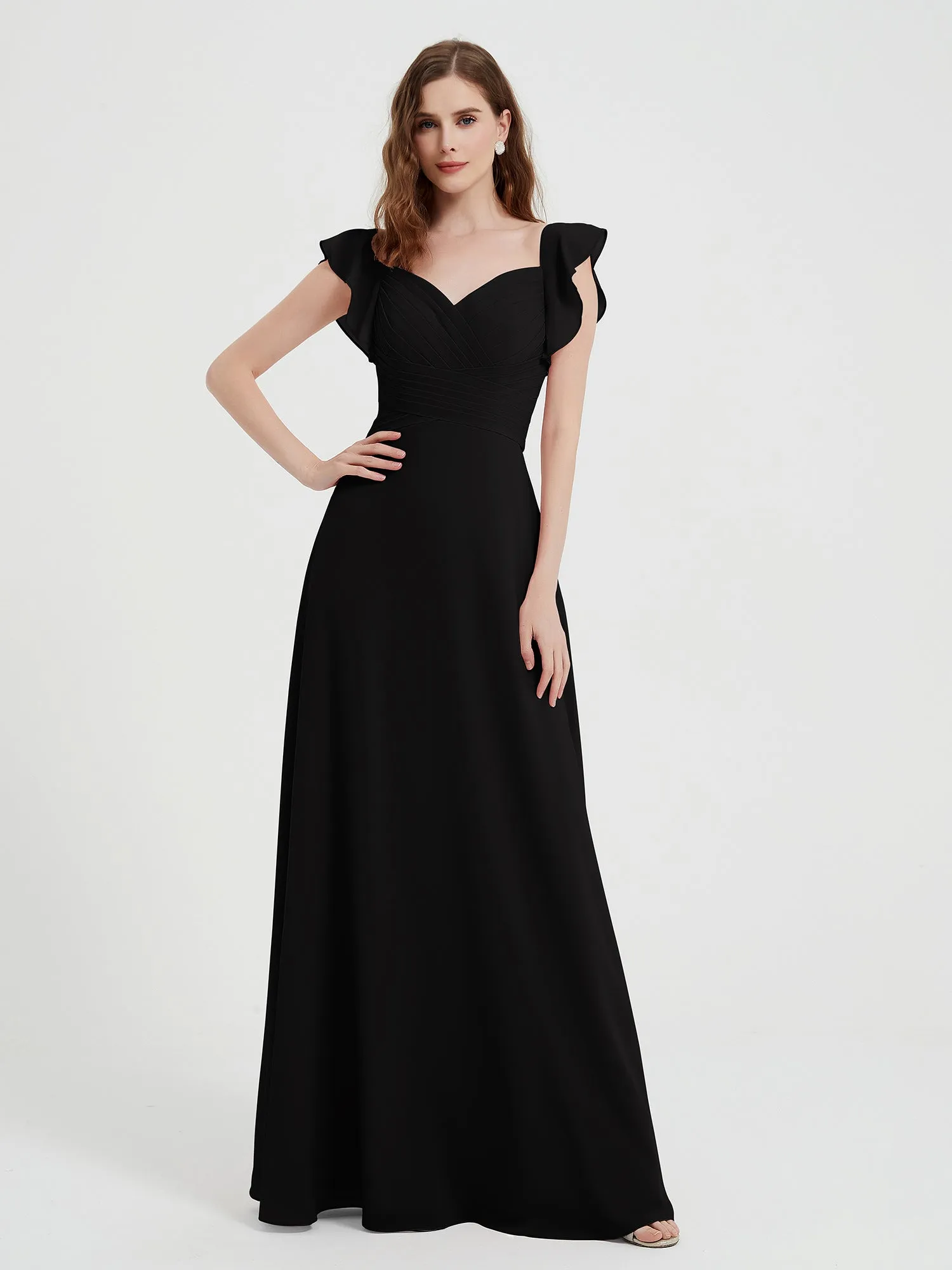 A-line Flutter Sleeves Chiffon Pleated Dress Black Plus Size