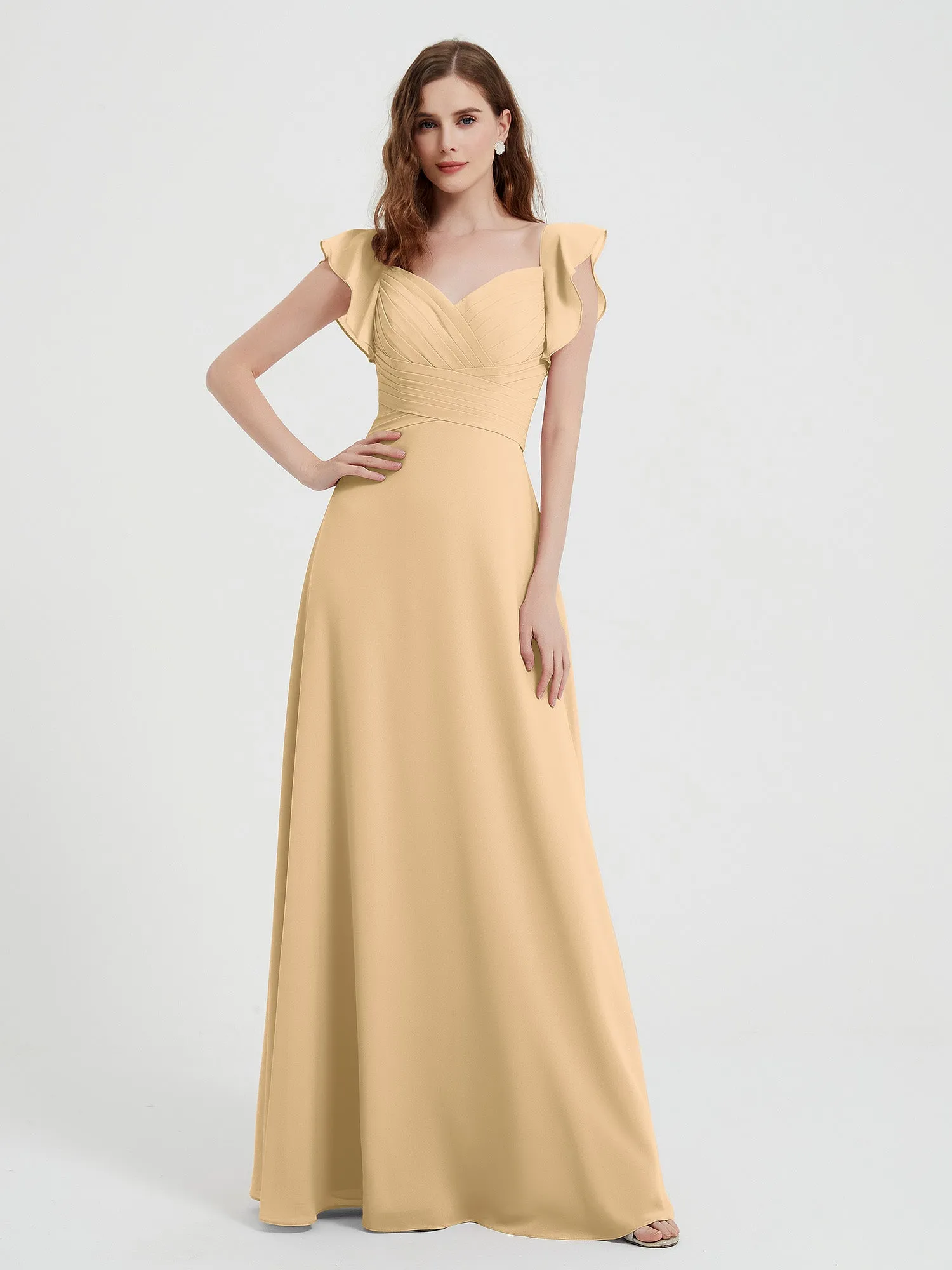 A-line Flutter Sleeves Chiffon Pleated Dress Champagne Plus Size