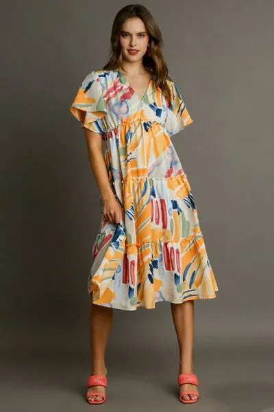 Abstract Print Flutter Sleeve Frill Tiered Midi Dress