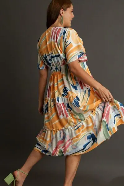 Abstract Print Flutter Sleeve Frill Tiered Midi Dress