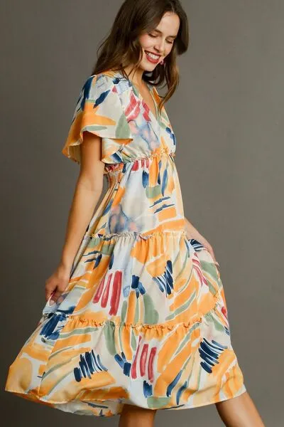 Abstract Print Flutter Sleeve Frill Tiered Midi Dress