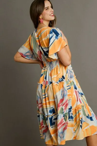 Abstract Print Flutter Sleeve Frill Tiered Midi Dress