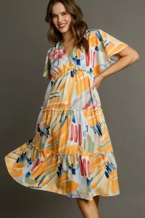 Abstract Print Flutter Sleeve Frill Tiered Midi Dress
