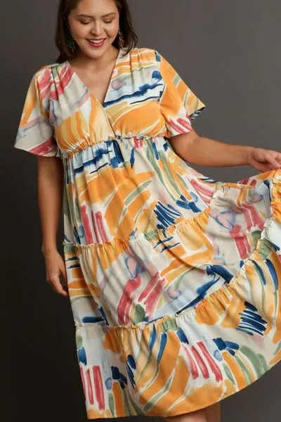 Abstract Print Flutter Sleeve Frill Tiered Midi Dress