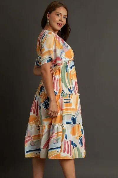 Abstract Print Flutter Sleeve Frill Tiered Midi Dress