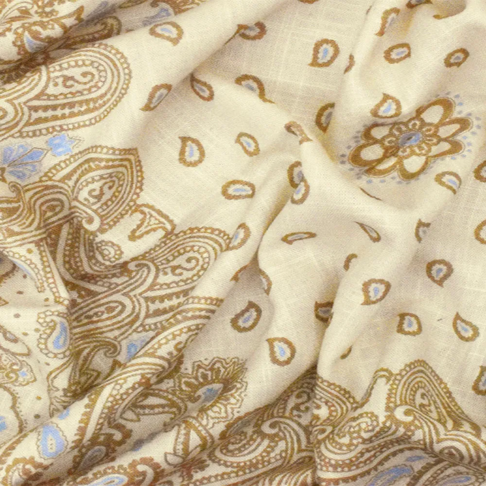 Beige-Multi Famous Designer Paisley Border Panel Print Viscose Woven Fabric