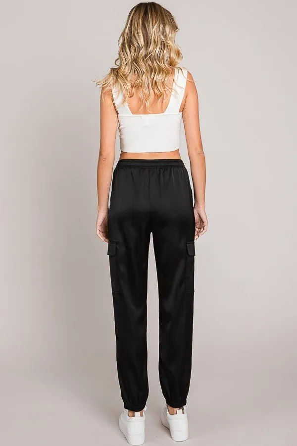 Black Satin Multi Pocket Jogger Pants