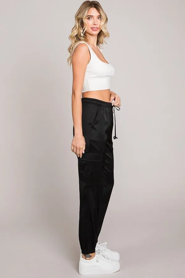 Black Satin Multi Pocket Jogger Pants