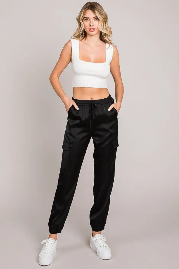 Black Satin Multi Pocket Jogger Pants