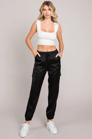 Black Satin Multi Pocket Jogger Pants