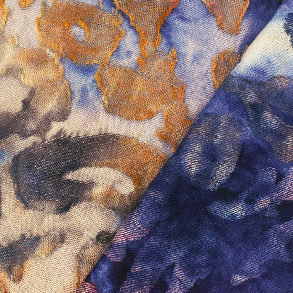 Blue-Multi Famous Designer Poly Rayon Animal Burnout Jacquard Knit Fabric