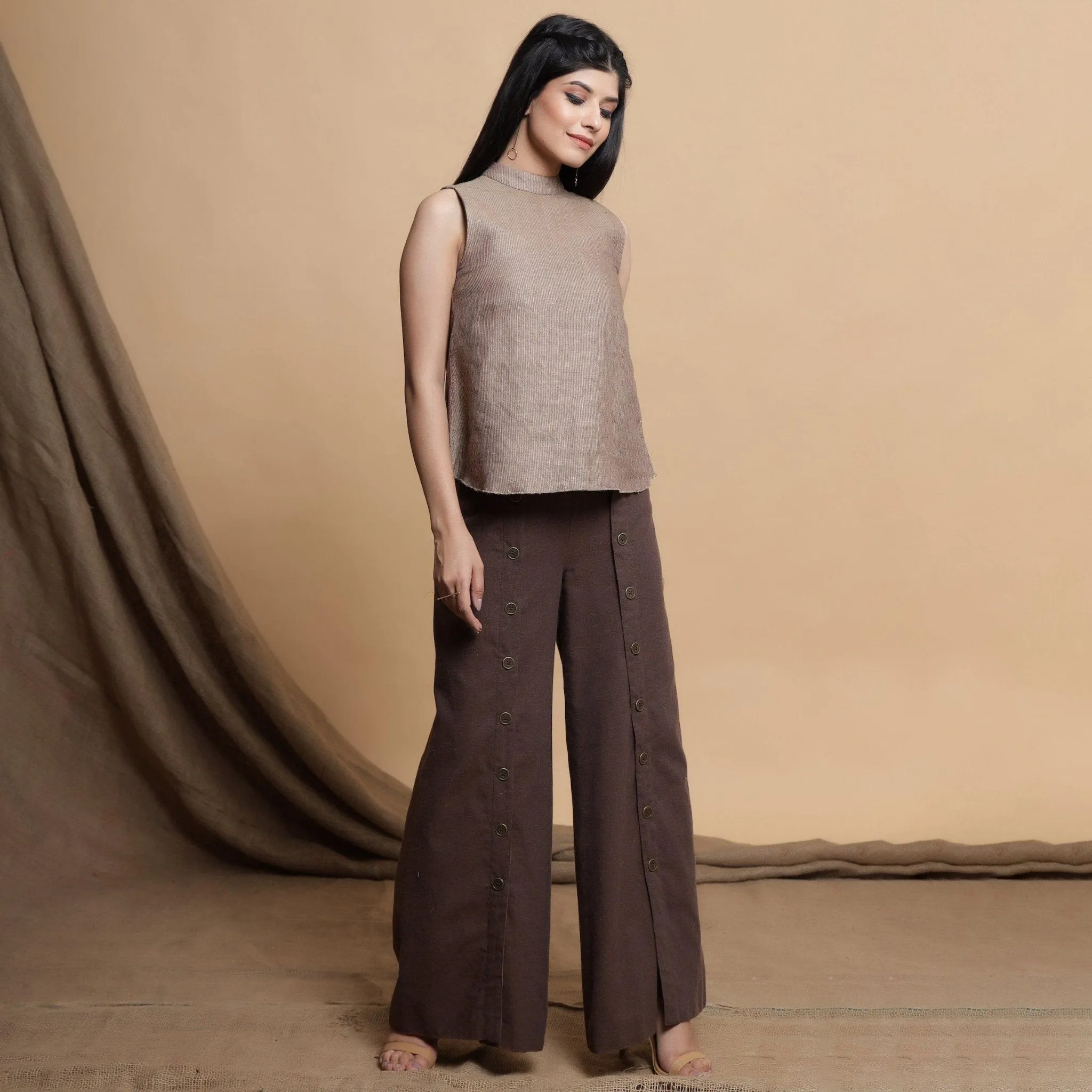 Brown and Beige Reversible Cotton Yoked Tie-Up Neck Top