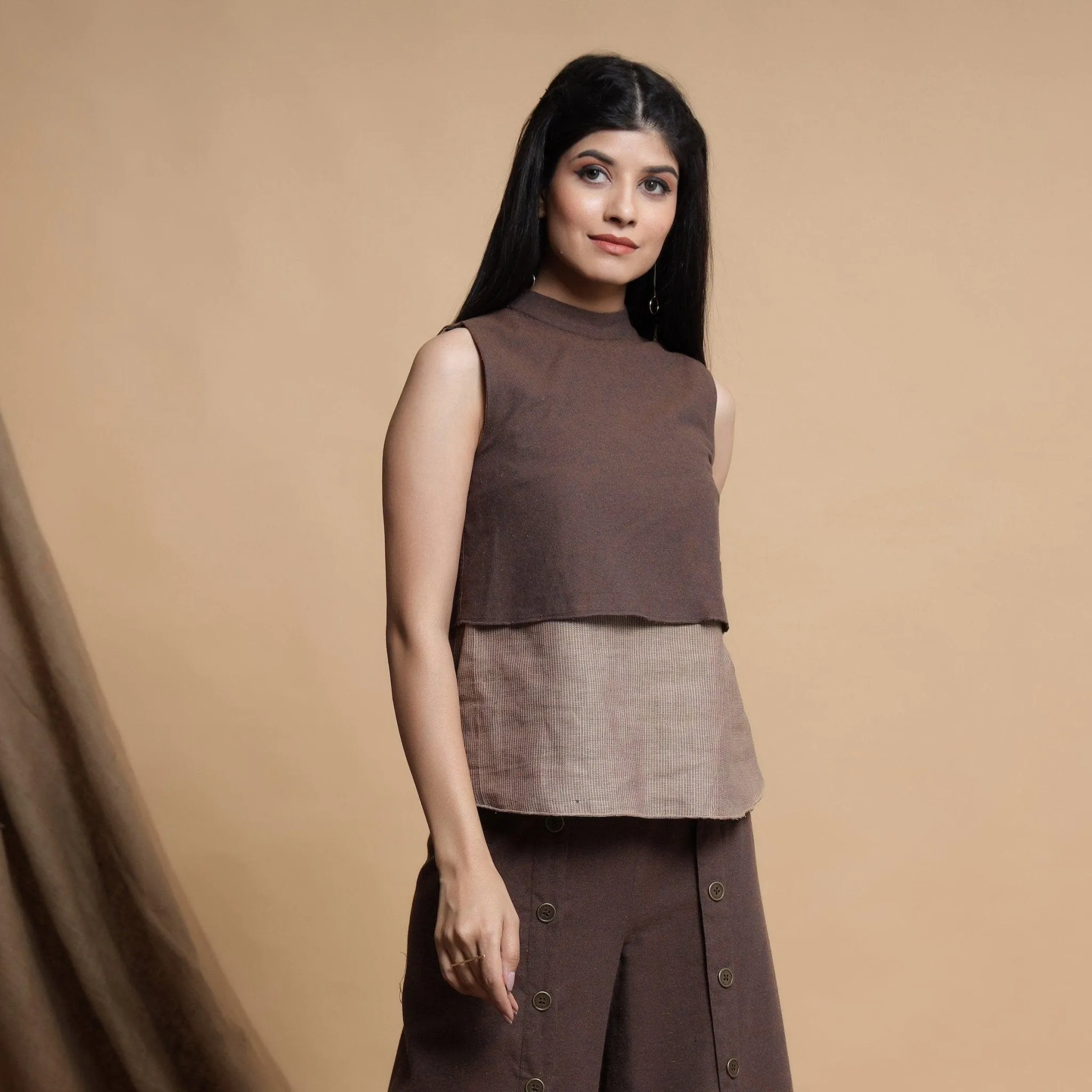 Brown and Beige Reversible Cotton Yoked Tie-Up Neck Top