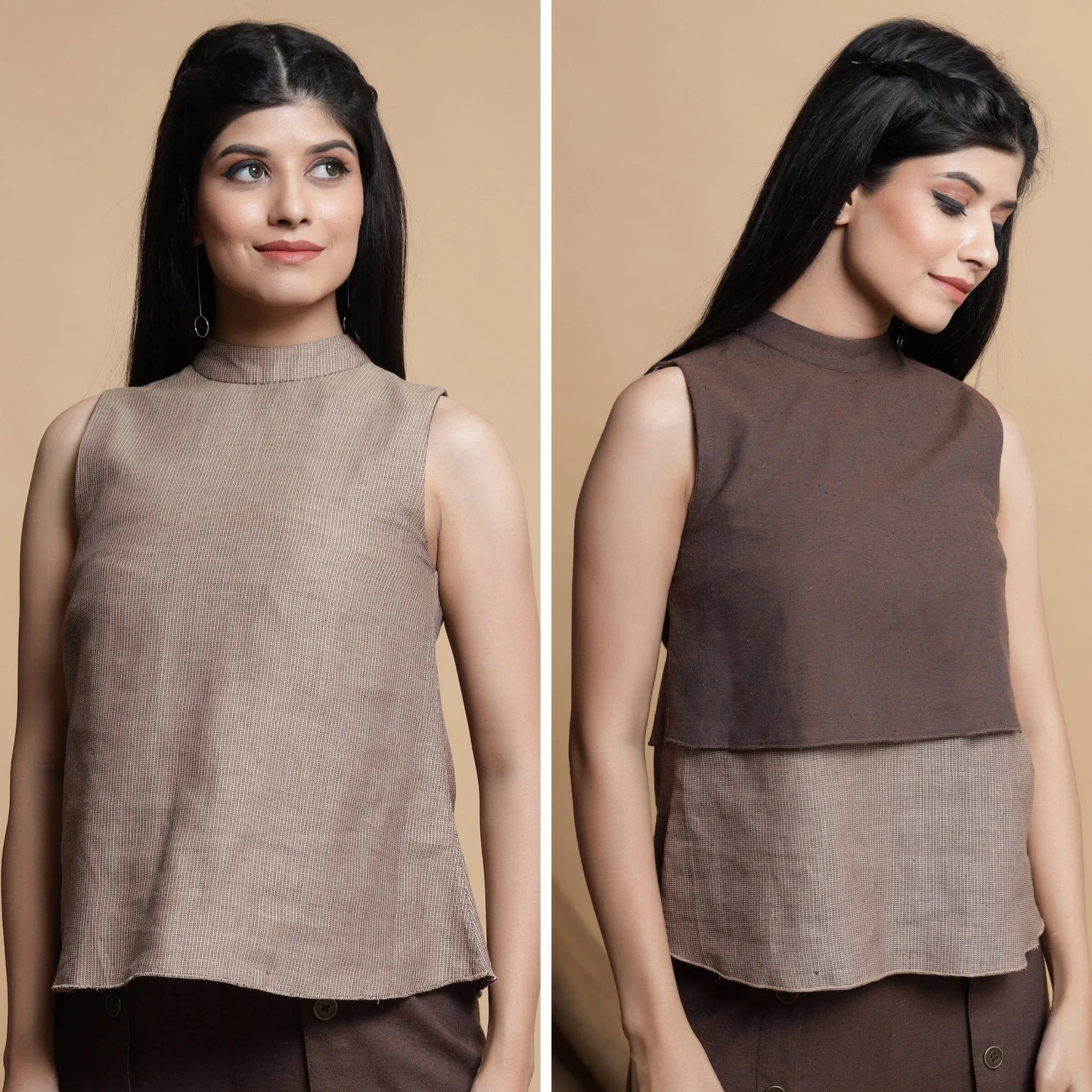 Brown and Beige Reversible Cotton Yoked Tie-Up Neck Top