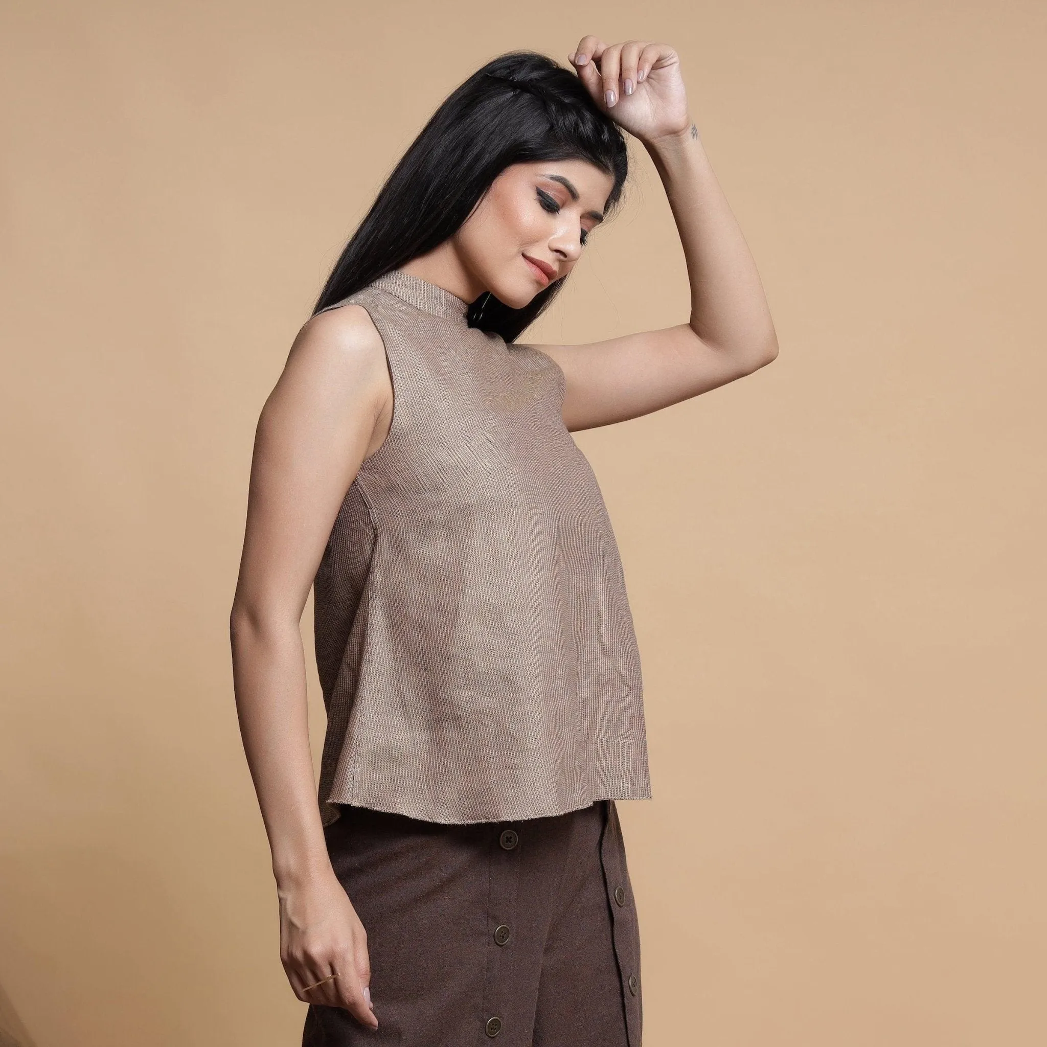 Brown and Beige Reversible Cotton Yoked Tie-Up Neck Top