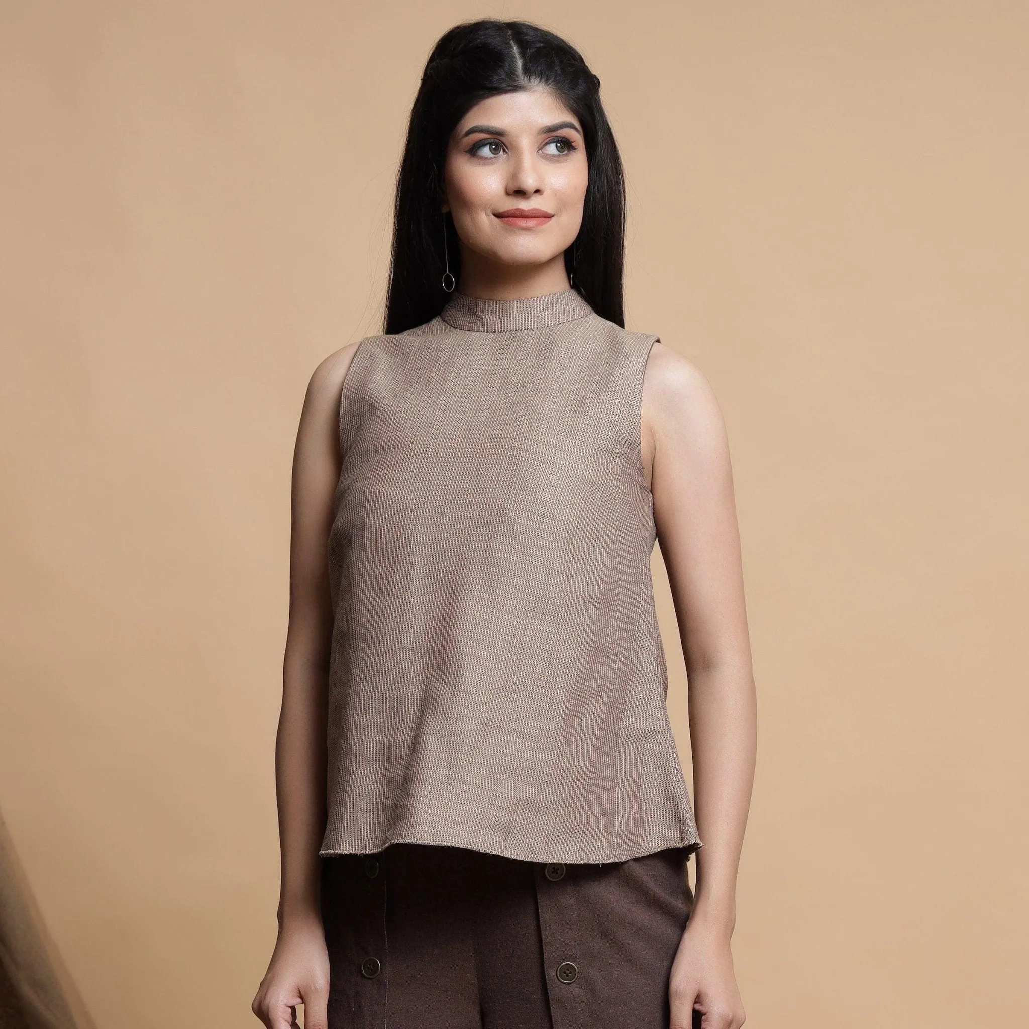 Brown and Beige Reversible Cotton Yoked Tie-Up Neck Top