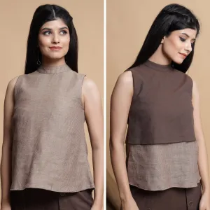 Brown and Beige Reversible Cotton Yoked Tie-Up Neck Top
