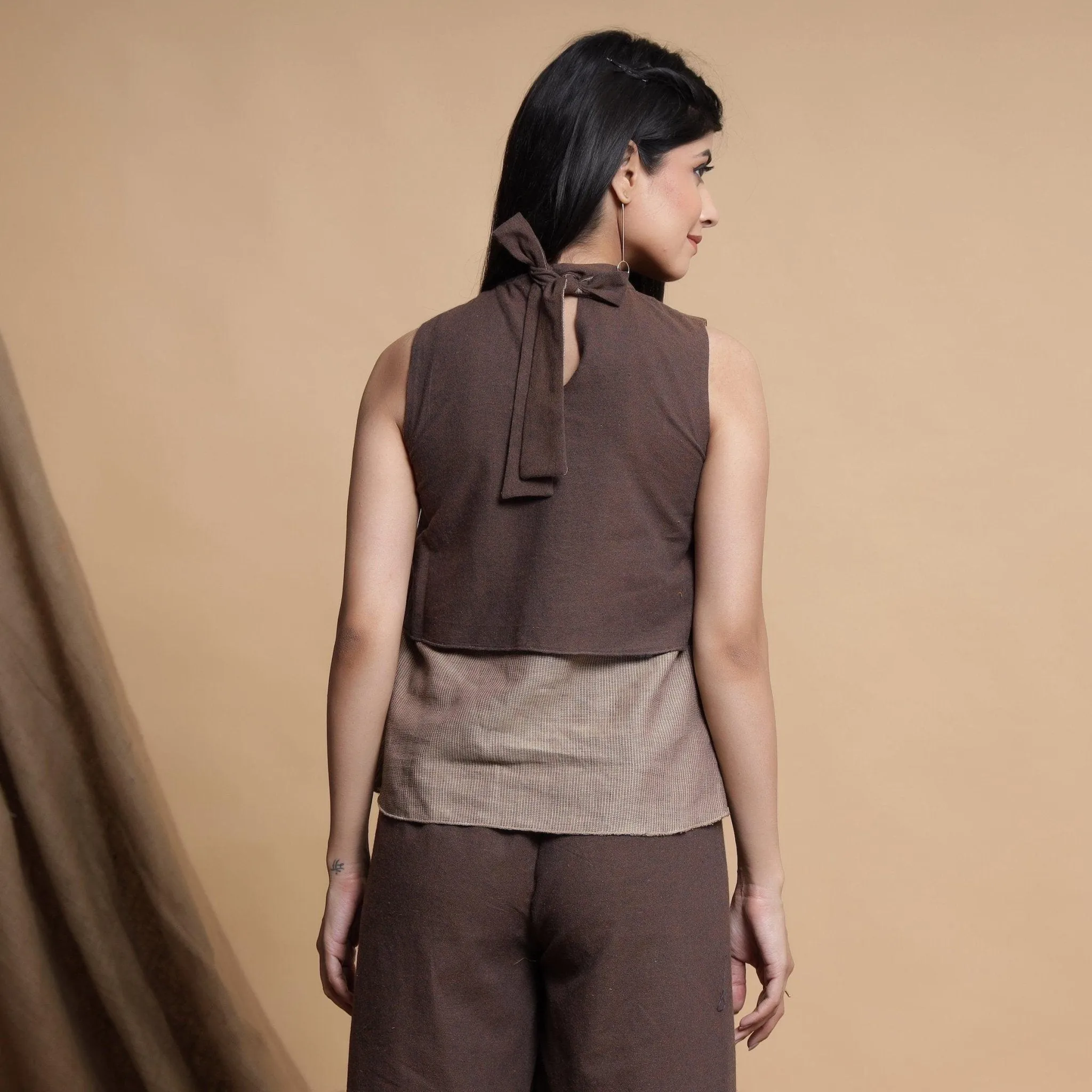 Brown and Beige Reversible Cotton Yoked Tie-Up Neck Top