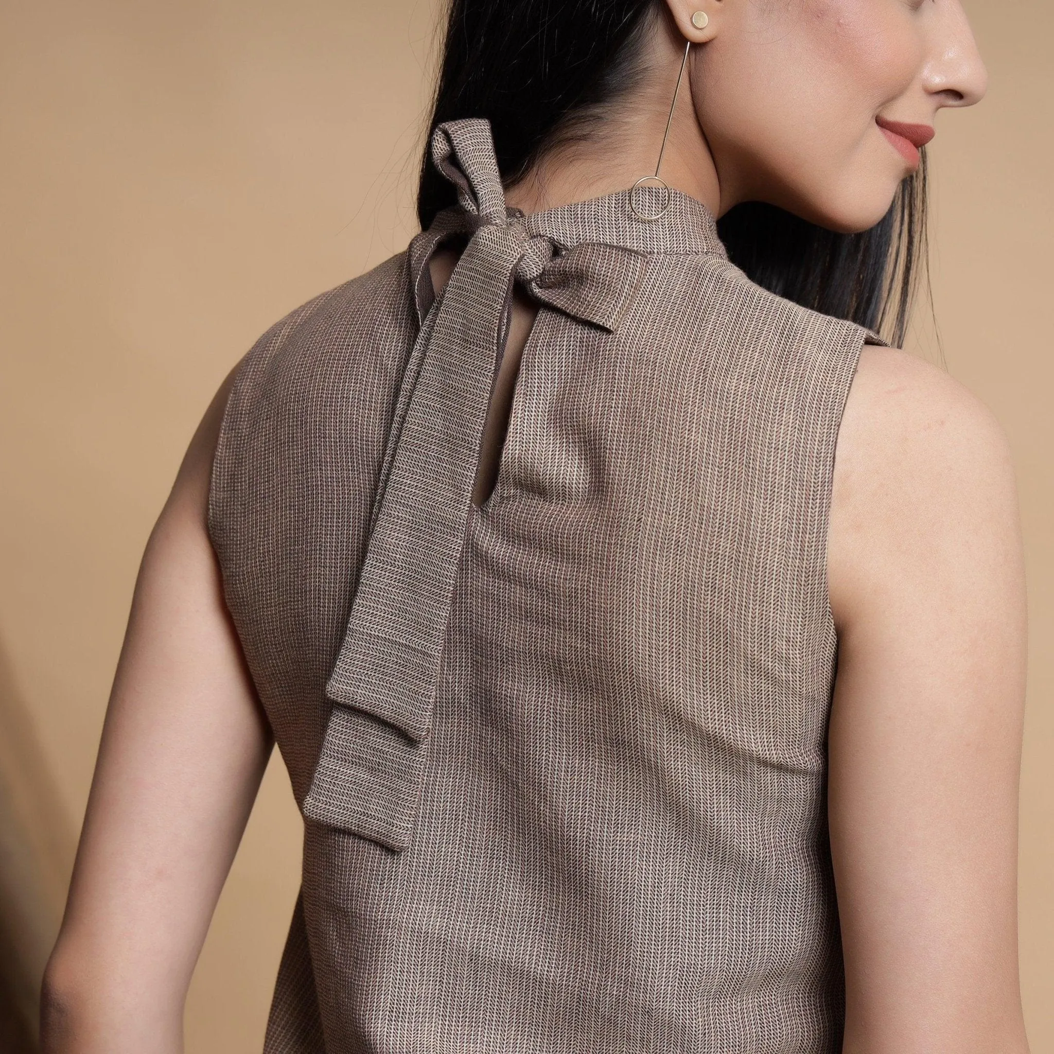 Brown and Beige Reversible Cotton Yoked Tie-Up Neck Top