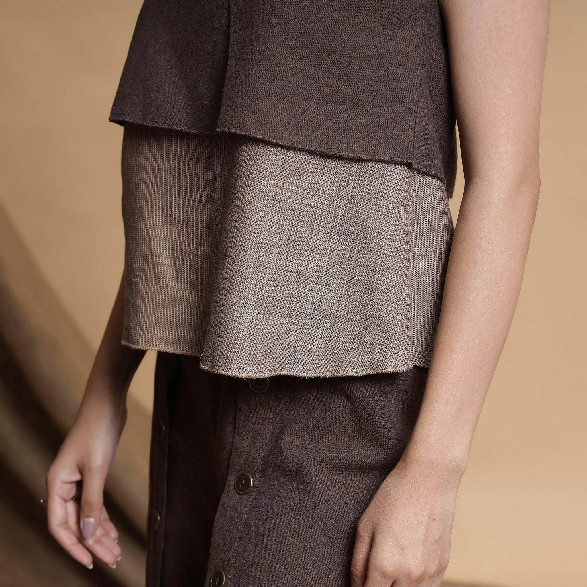 Brown and Beige Reversible Cotton Yoked Tie-Up Neck Top