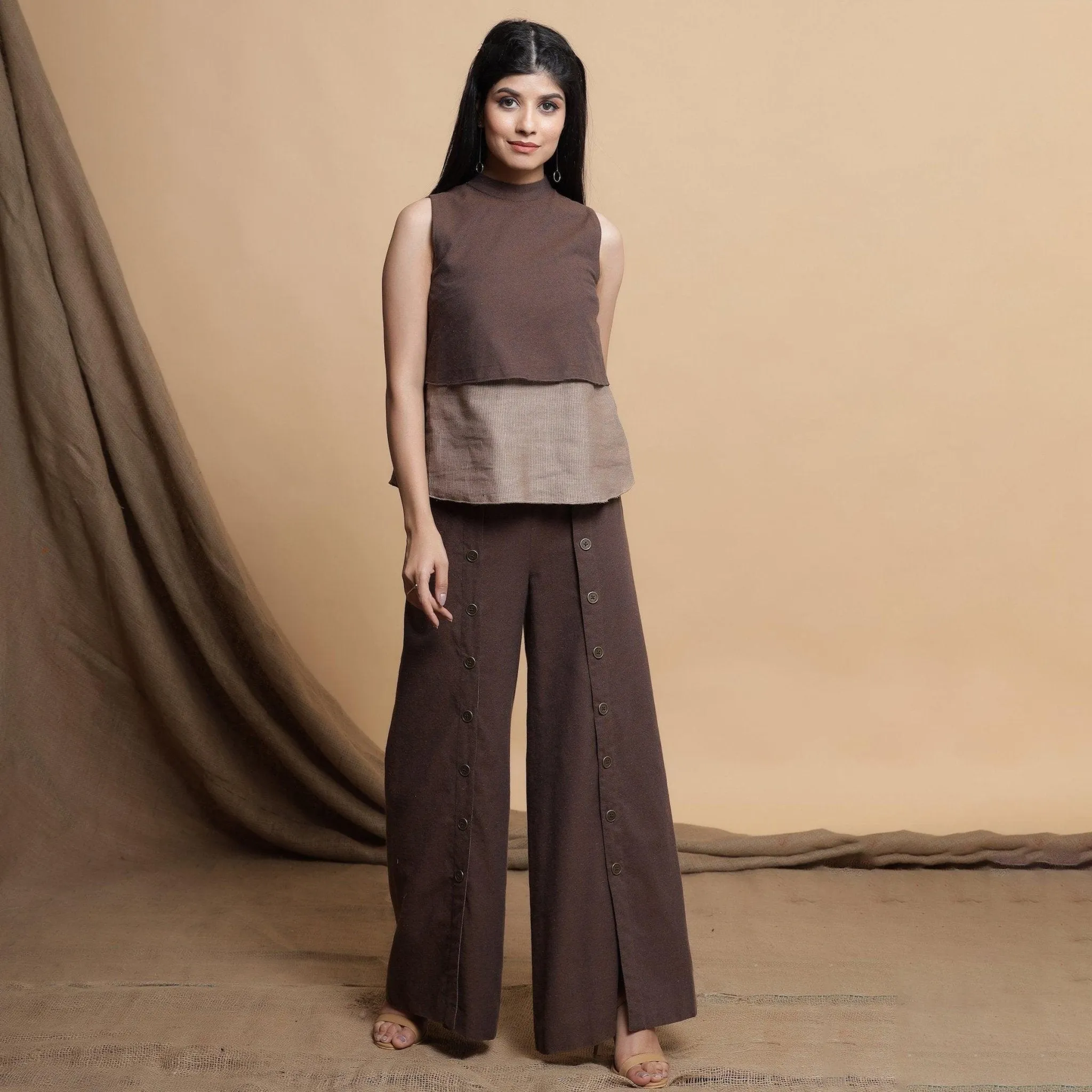 Brown and Beige Reversible Cotton Yoked Tie-Up Neck Top