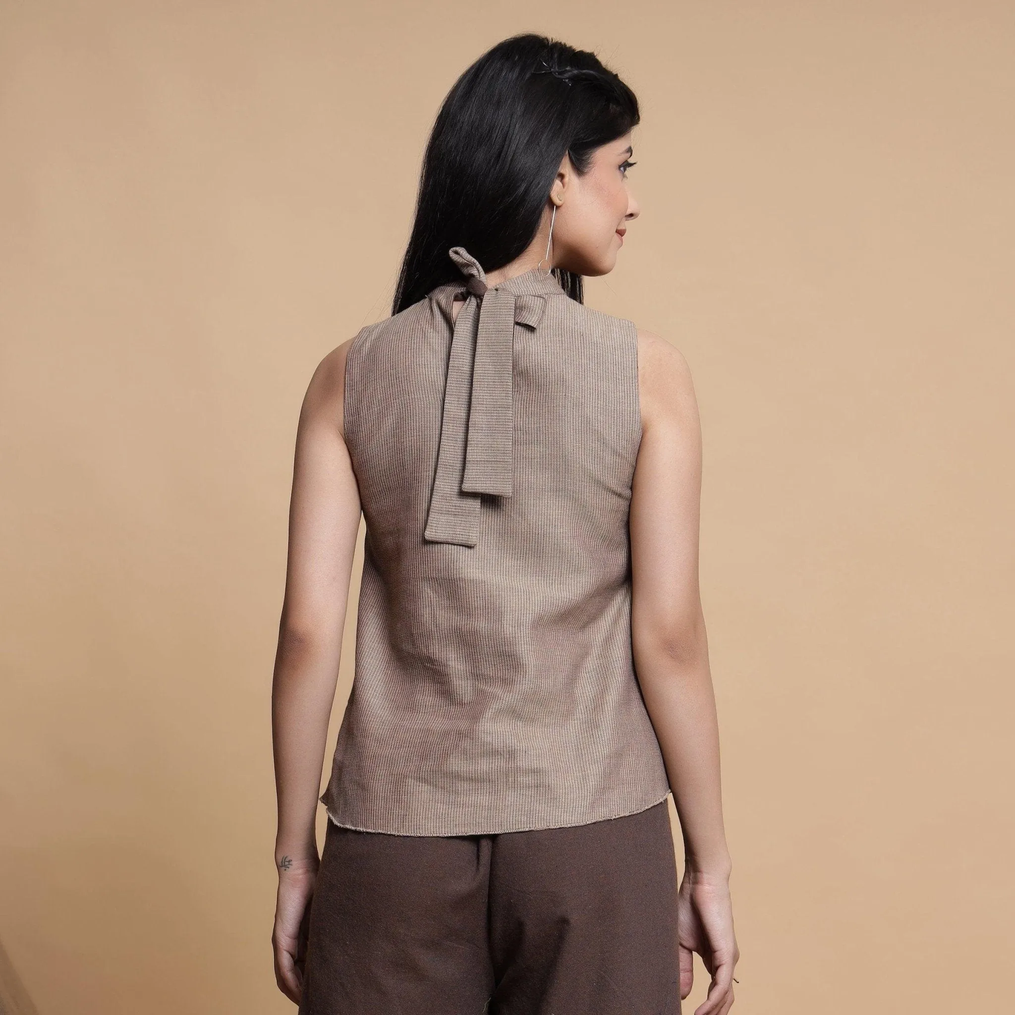 Brown and Beige Reversible Cotton Yoked Tie-Up Neck Top