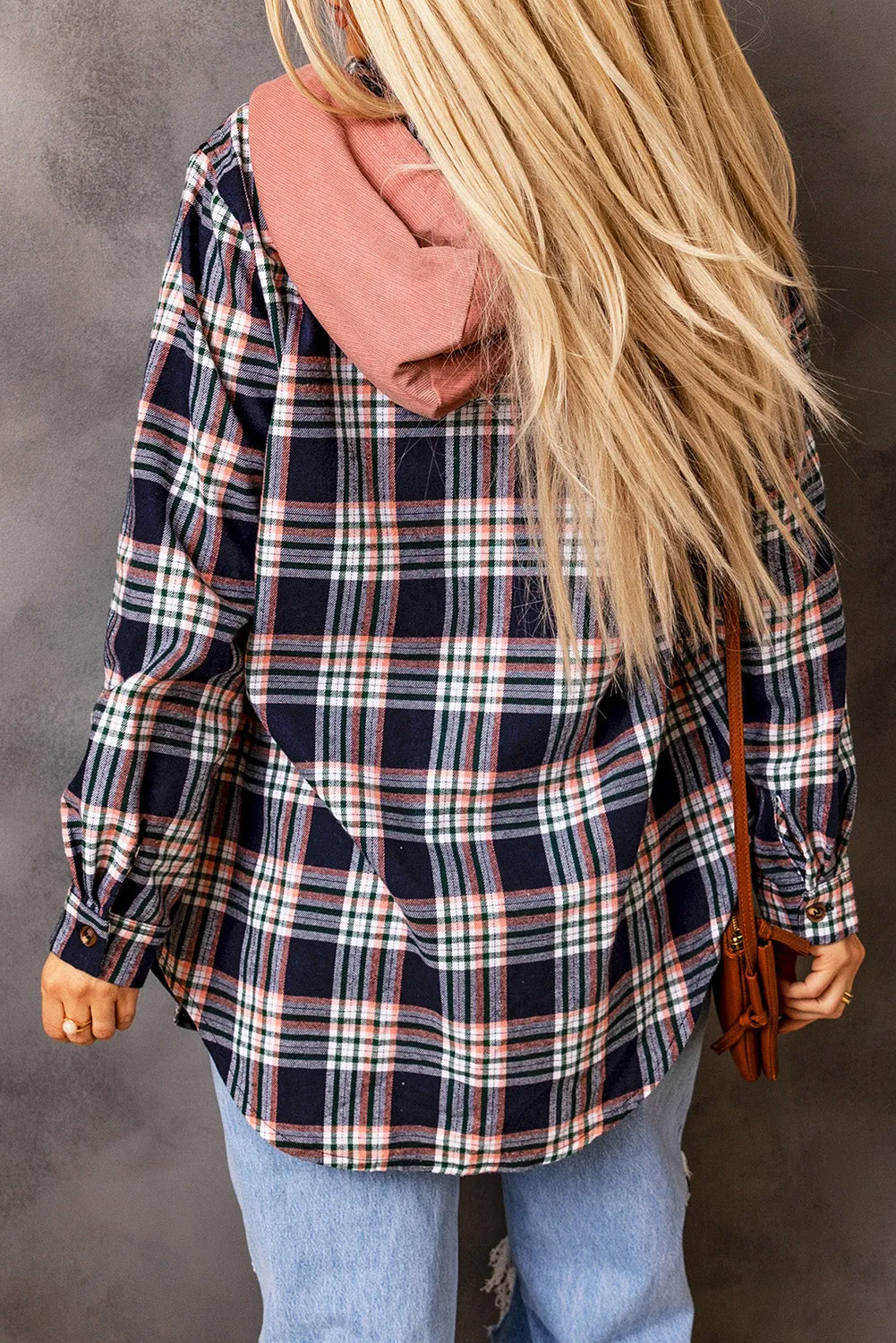 Cali Chic Women Pink Contrast Hooded Drawstring Plaid Shacket Jacket