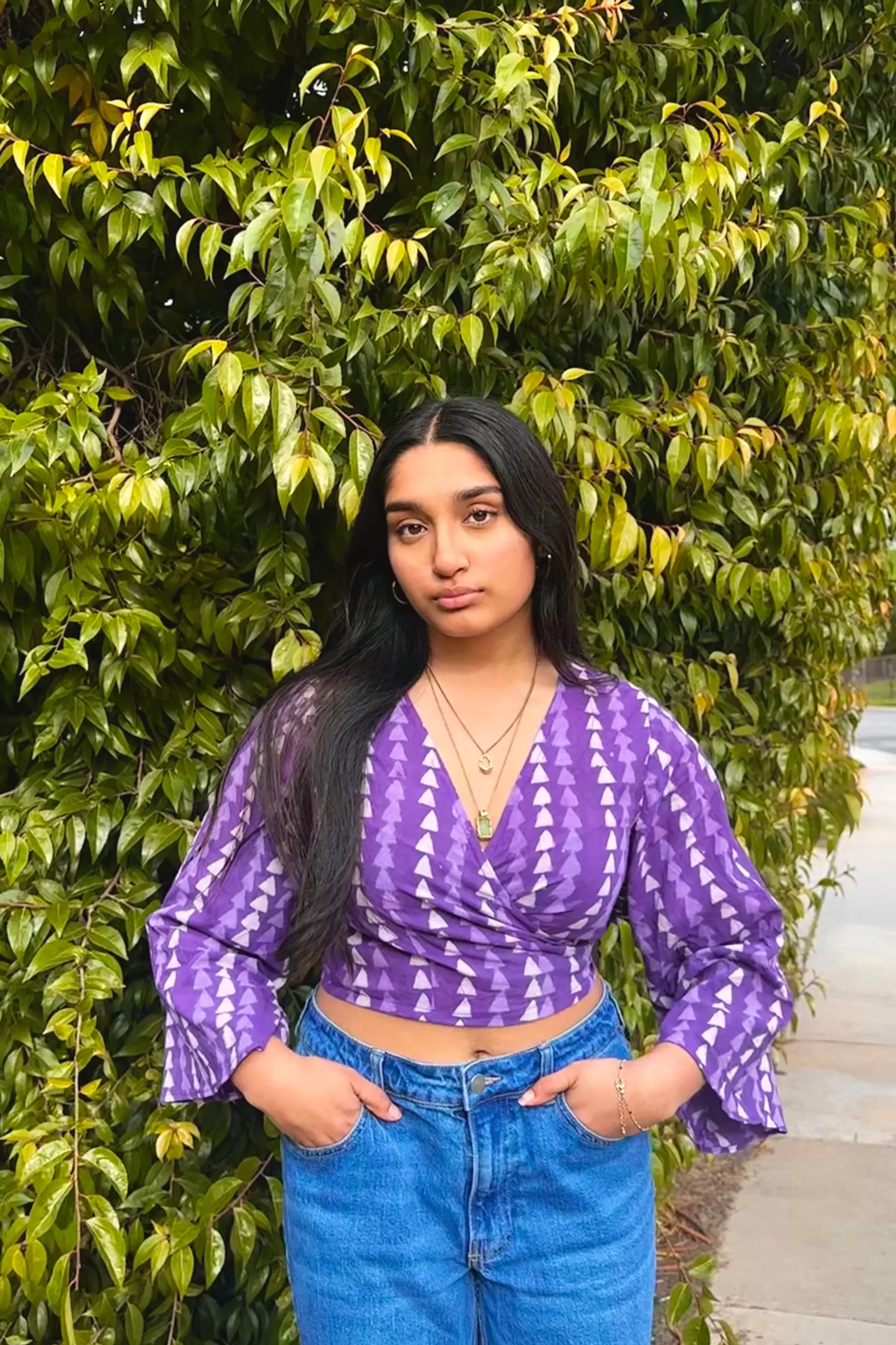 Chic, pure cotton Violet wrap top in beautiful shades of purple-lilac colour with a hand-block Bagru