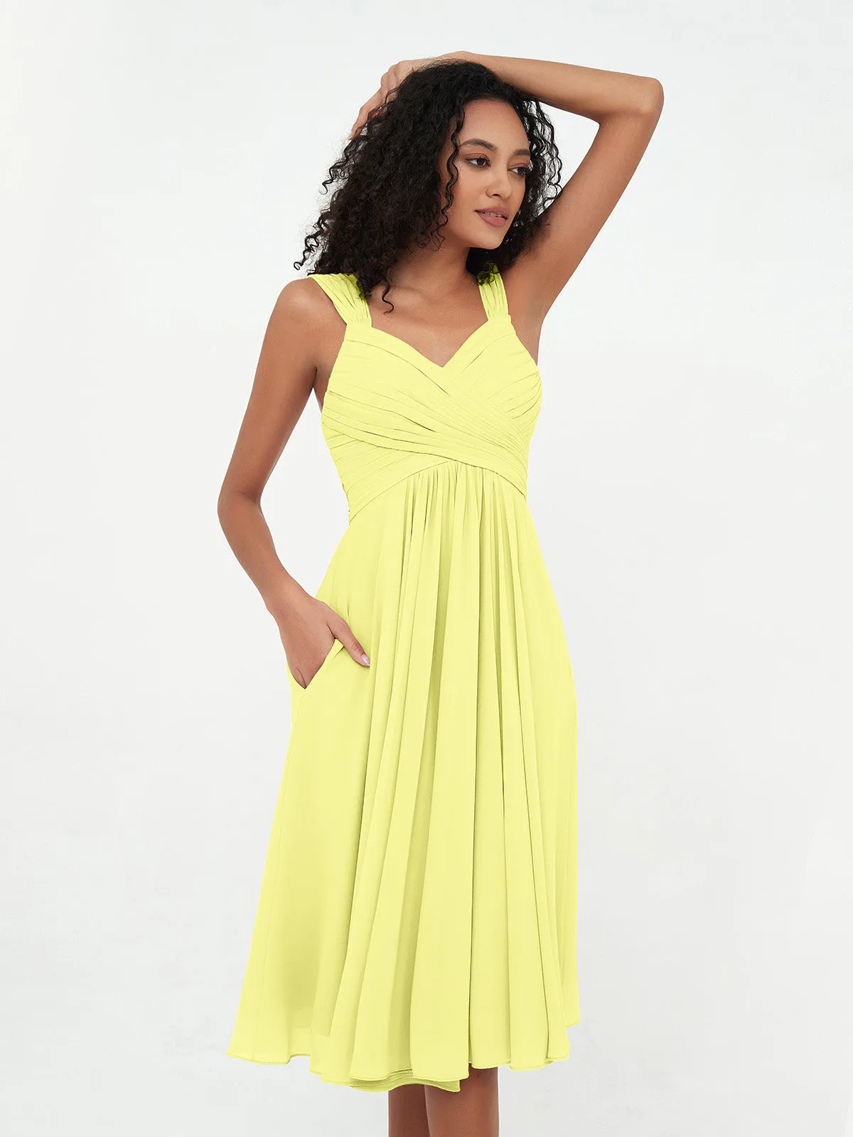 Chiffon Empire Short Dresses with Pockets-Daffodil Plus Size