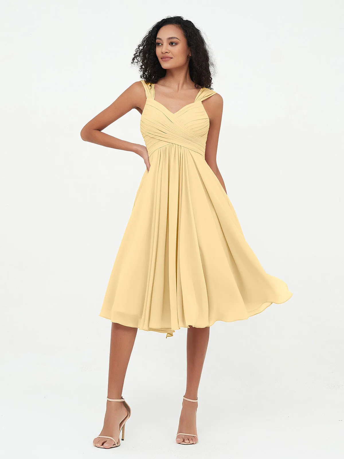 Chiffon Empire Short Dresses with Pockets-Gold Plus Size