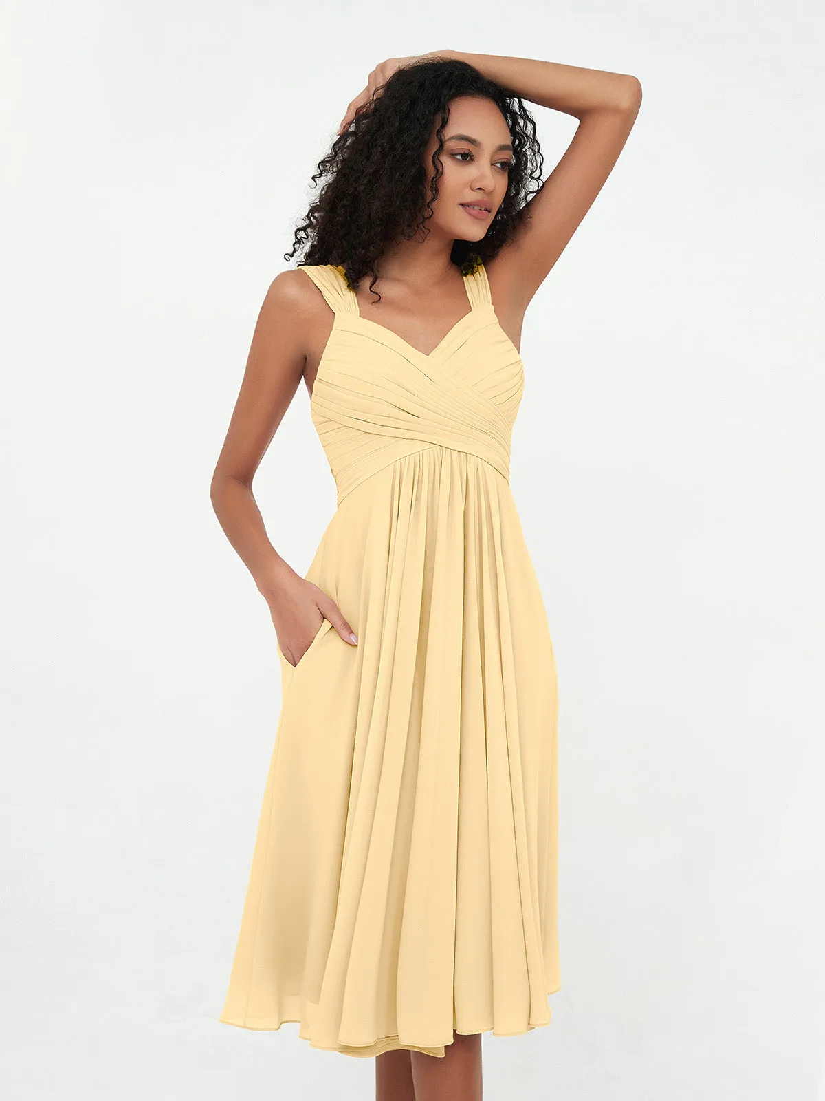 Chiffon Empire Short Dresses with Pockets-Gold Plus Size