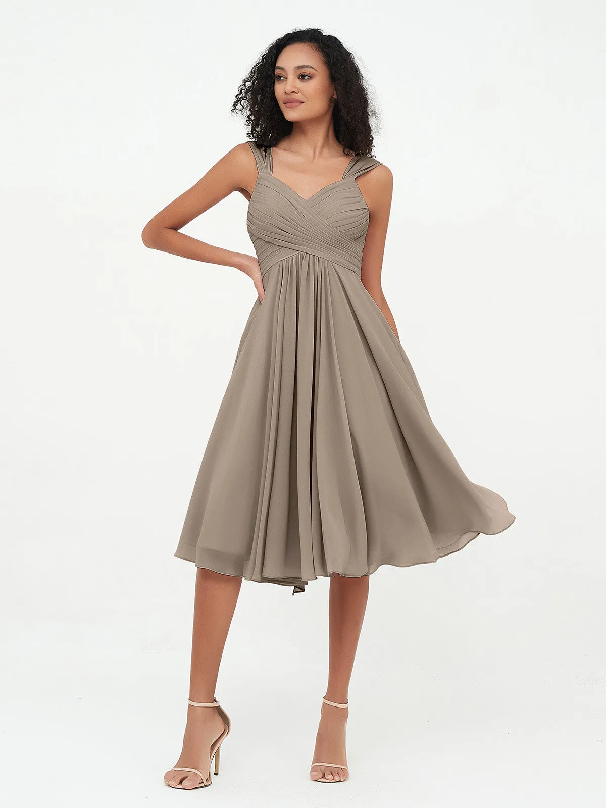 Chiffon Empire Short Dresses with Pockets-Taupe Plus Size