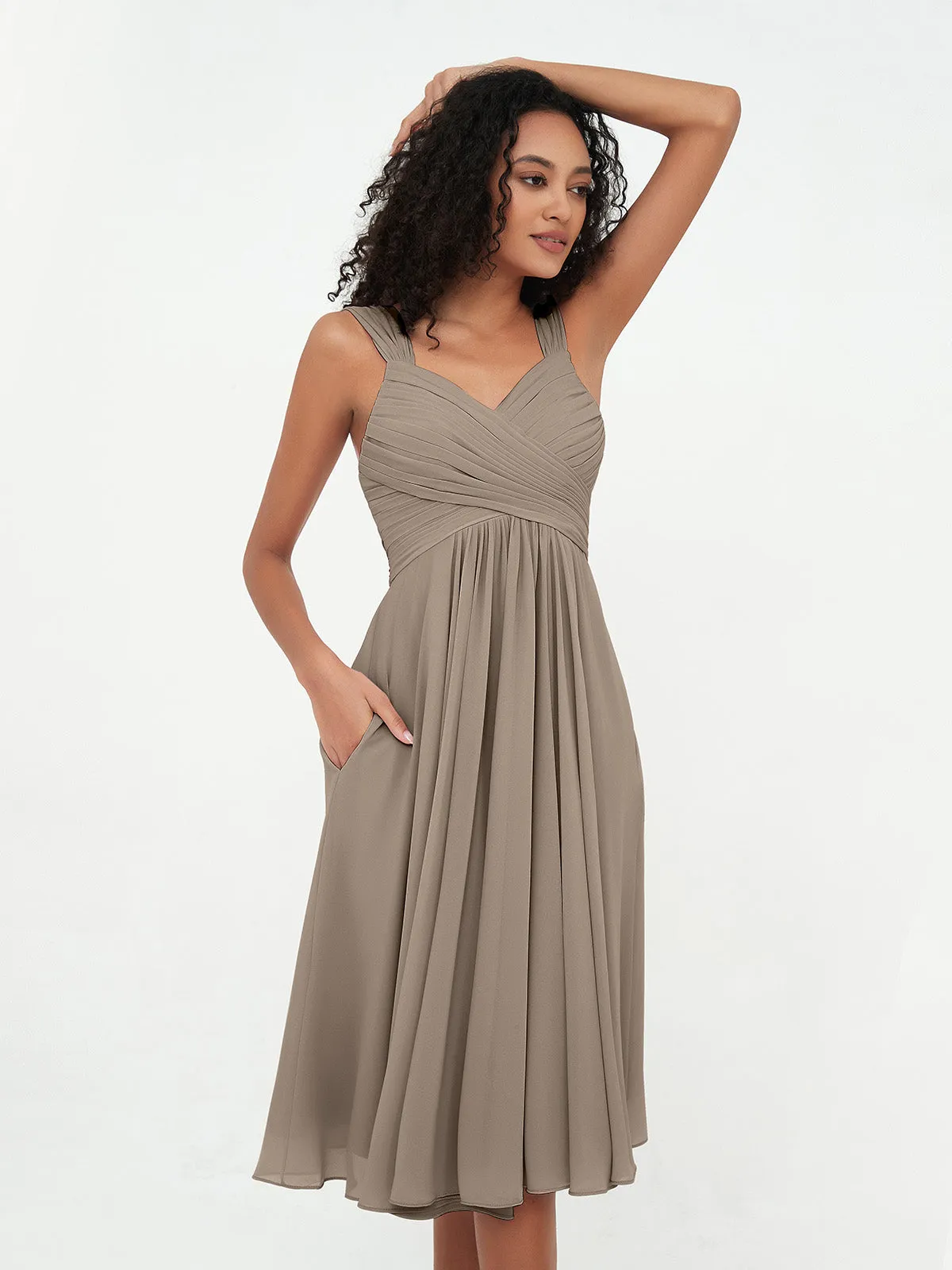 Chiffon Empire Short Dresses with Pockets-Taupe Plus Size