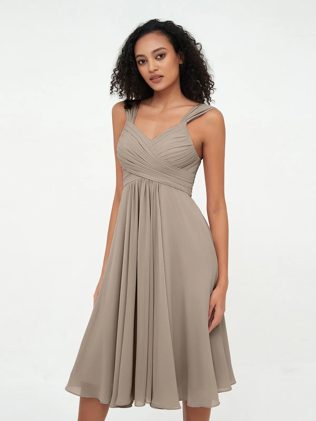 Chiffon Empire Short Dresses with Pockets-Taupe Plus Size